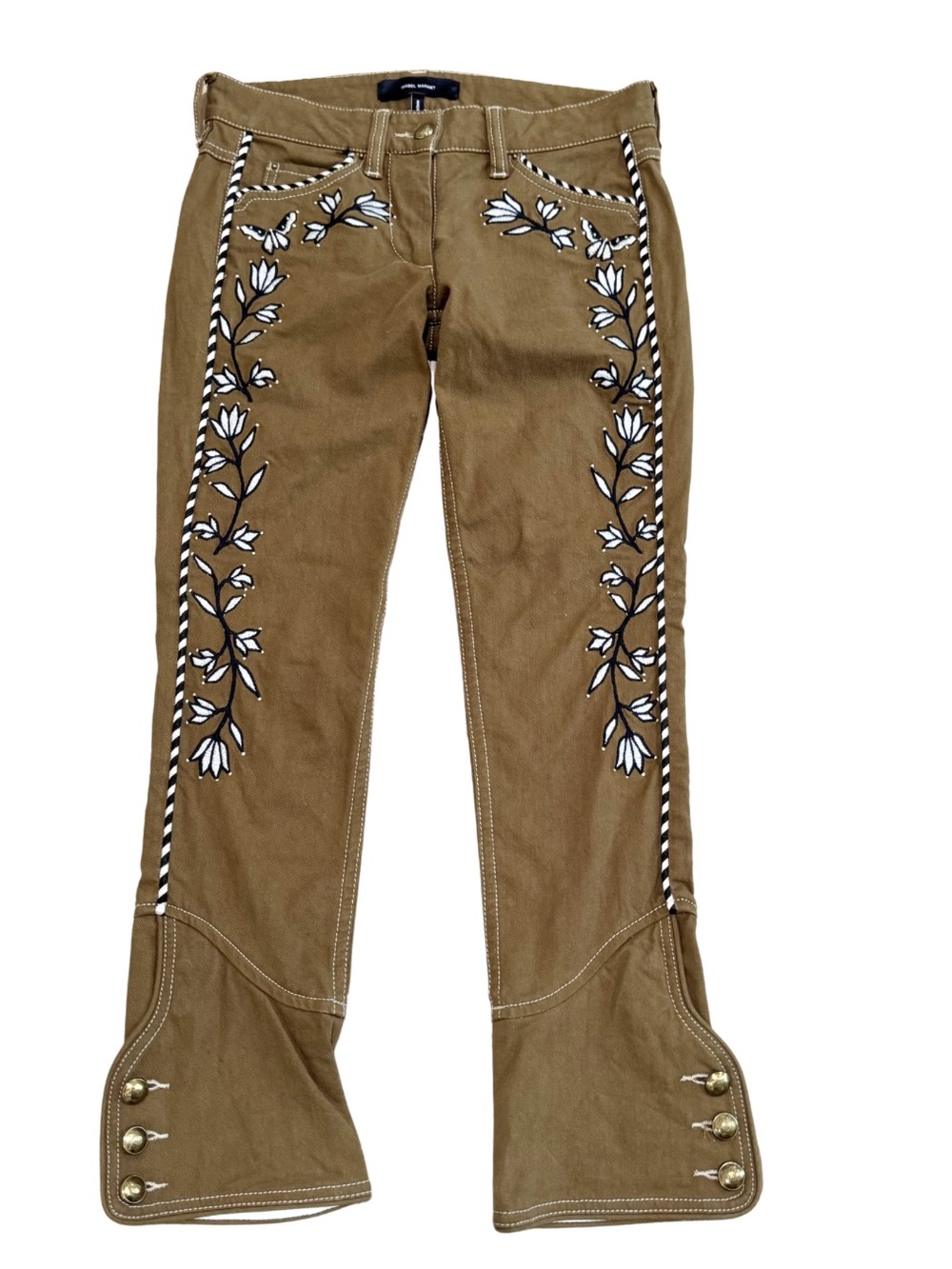Isabel Marant Monroe Embroidered Flare Jeans Khaki Brown FR 34 EUC